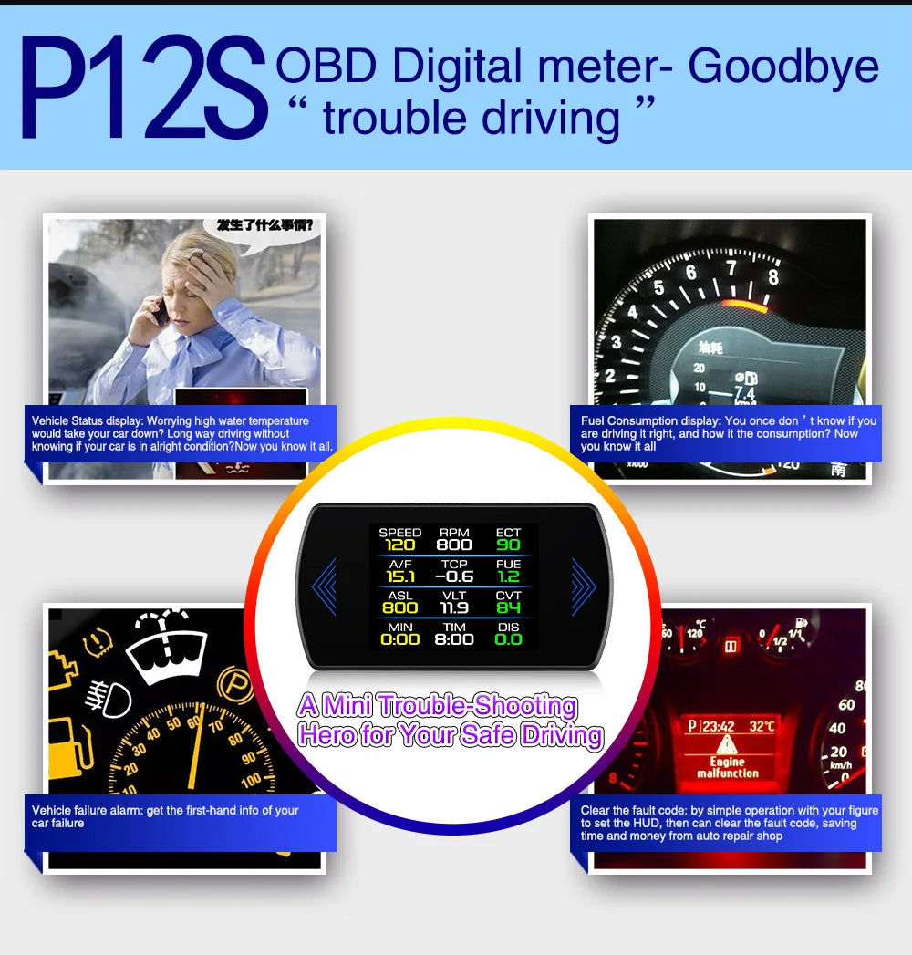 P12 Car OBD2 Head-Up Display — Dual System HUD, Smart Digital Meter for Speed, Fuel, Fault Codes & Driving Data