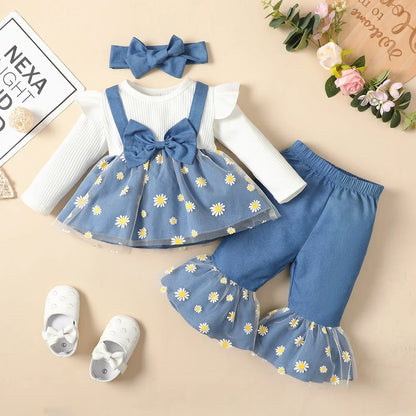 Newborn Baby Girls Clothes Set – Pink Ruffle Top & Heart Print Bow Trousers, Princess Casual Outfit for Infants