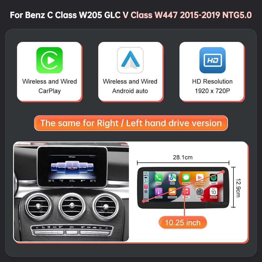 1920x720 Multimedia Touch Screen - Wireless CarPlay & Android Auto for Mercedes-Benz C Class W205, GLC, V Class W447 (2015-2018) NTG5.0
