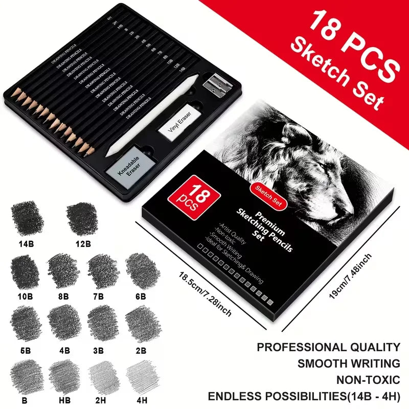 Brutfuner Professional Drawing Pencil Set - 18/29pcs Artist Sketching Kit with Charcoal, Eraser & Sharpener