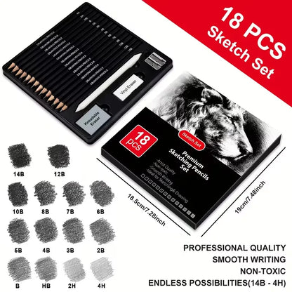 Brutfuner Professional Drawing Pencil Set - 18/29pcs Artist Sketching Kit with Charcoal, Eraser & Sharpener