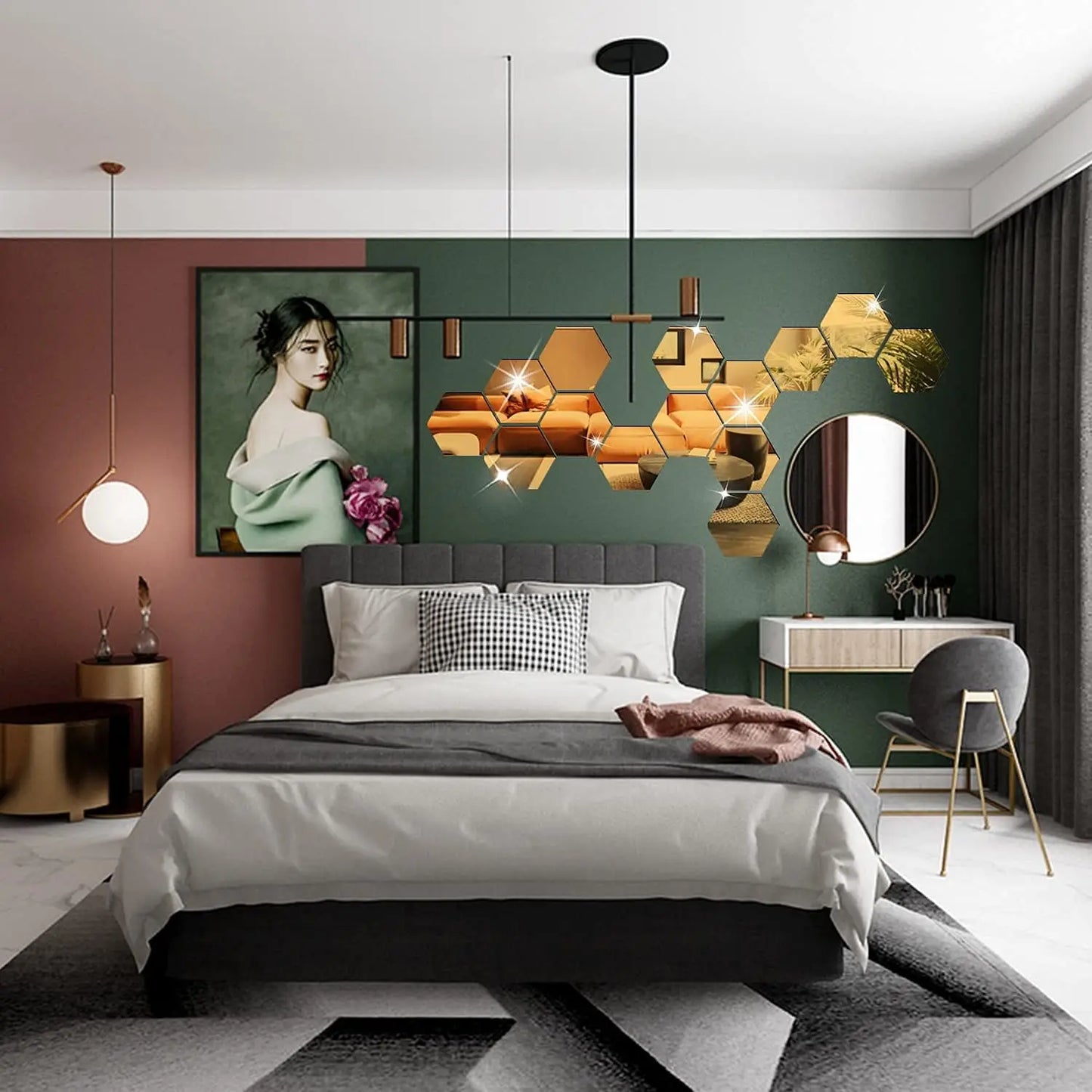 6/12pcs 3D Hexagon Rose Gold Mirror Wall Stickers – DIY Living Room, Bedroom, Bathroom Wall Decor