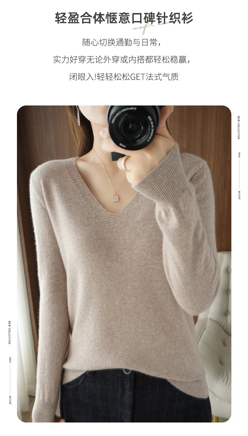 New Women’s Cashmere V-Neck Pullover – Lace Hollow Out Long Sleeve Knitted Sweater for Fall & Winter
