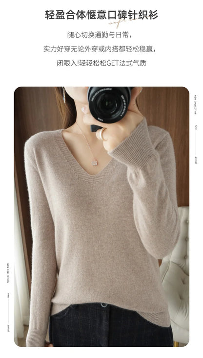 New Women’s Cashmere V-Neck Pullover – Lace Hollow Out Long Sleeve Knitted Sweater for Fall & Winter