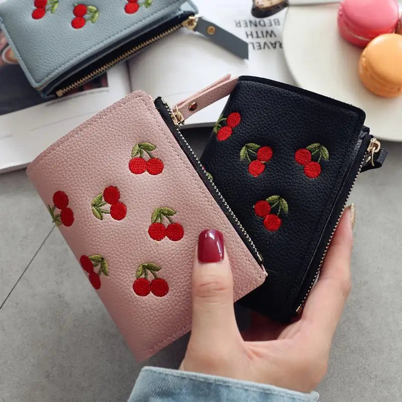 Women’s Cherry Embroidered Short Wallet – Simple Vertical Buckle Zipper Purse for Girls
