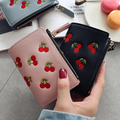 Women’s Cherry Embroidered Short Wallet – Simple Vertical Buckle Zipper Purse for Girls