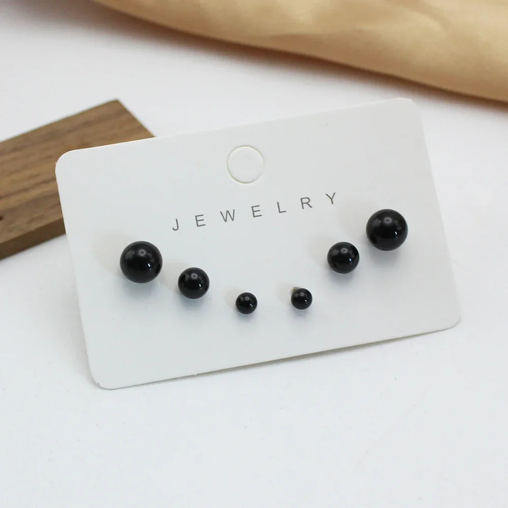 Black Round Imitation Pearl Stud Earrings Set – 3 Pairs (4mm 6mm 8mm) Simple Elegant Ball Earrings for Women Fashion Jewelry Gift