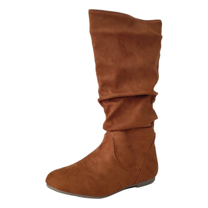 Pleated PU Women’s Fashion Boots – Casual Side-Zip Round Toe Flat High Solid Color Boots