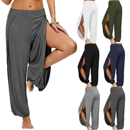 Women’s Summer High Slit Harem Pants – Loose Fit Wide Leg Yoga & Sports Trousers, Breathable Hippie Style Activewear
