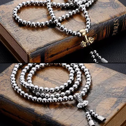 Tactical 8MM Steel Chain Buddha Beads Self Defense Hand Bracelet Necklace - EDC Outdoor Tools for Self Protection and Survival
