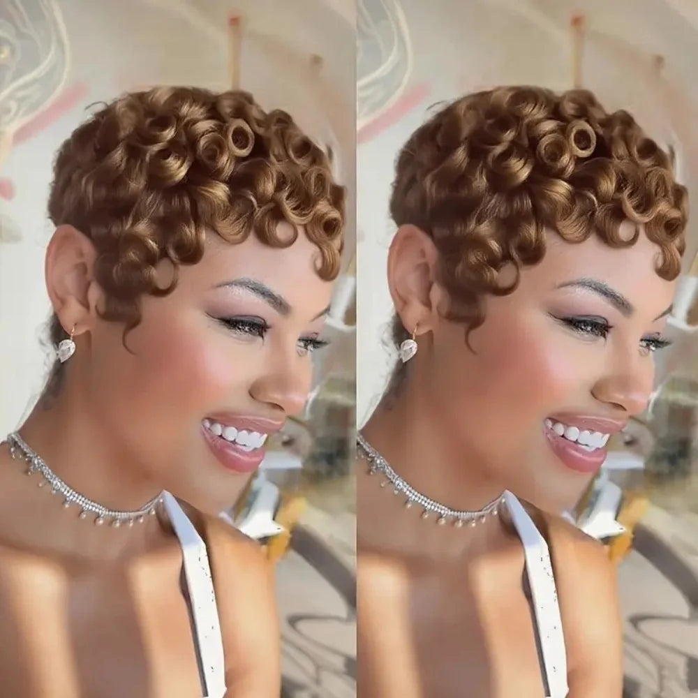 Brazilian Remy Human Hair Wig - Short Curly Pixie Cut Full Machine-Made Wig for Women