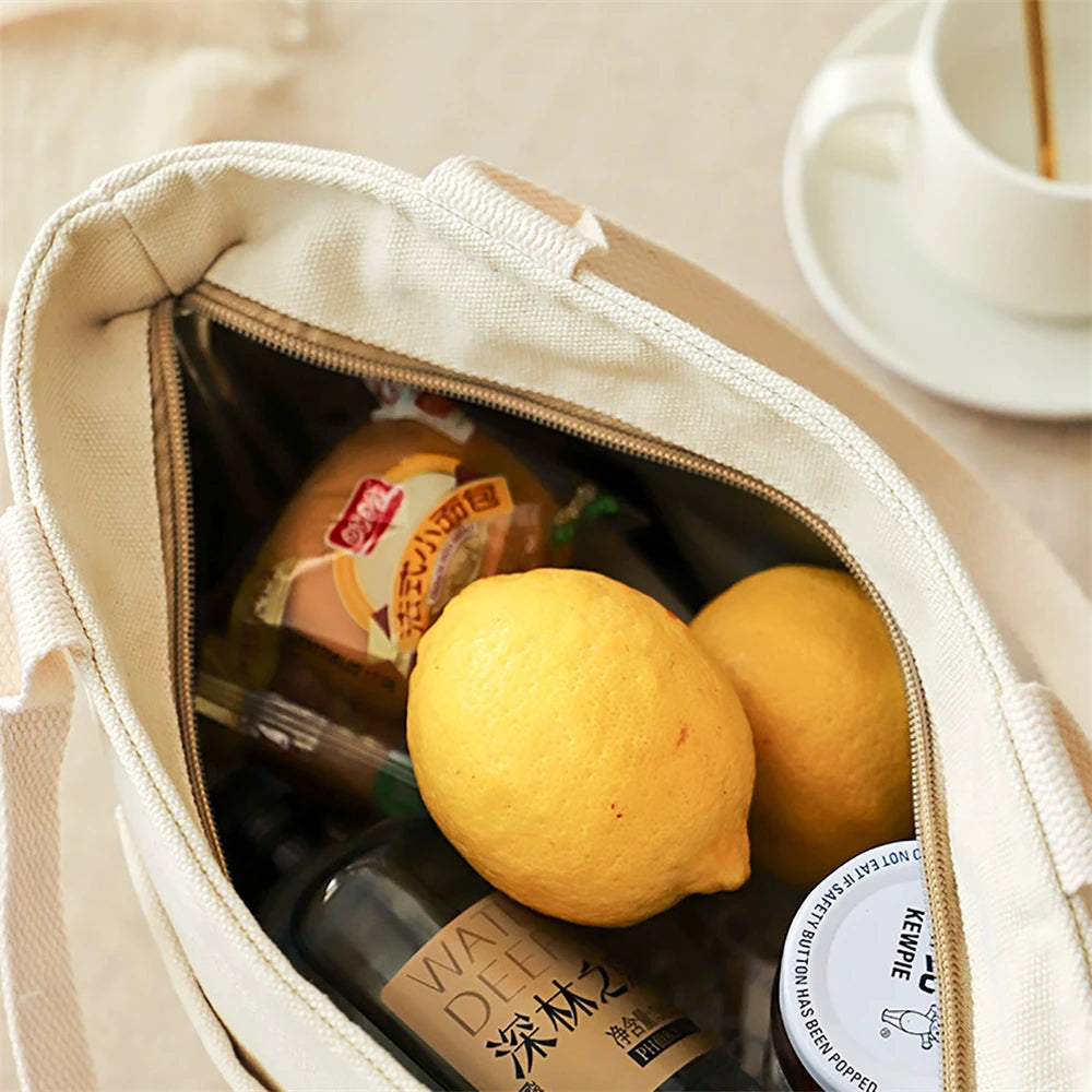 Insulated Canvas Lunch Bag – Large Capacity Reusable Tote with Zipper, Portable Storage Bag for School and Picnic