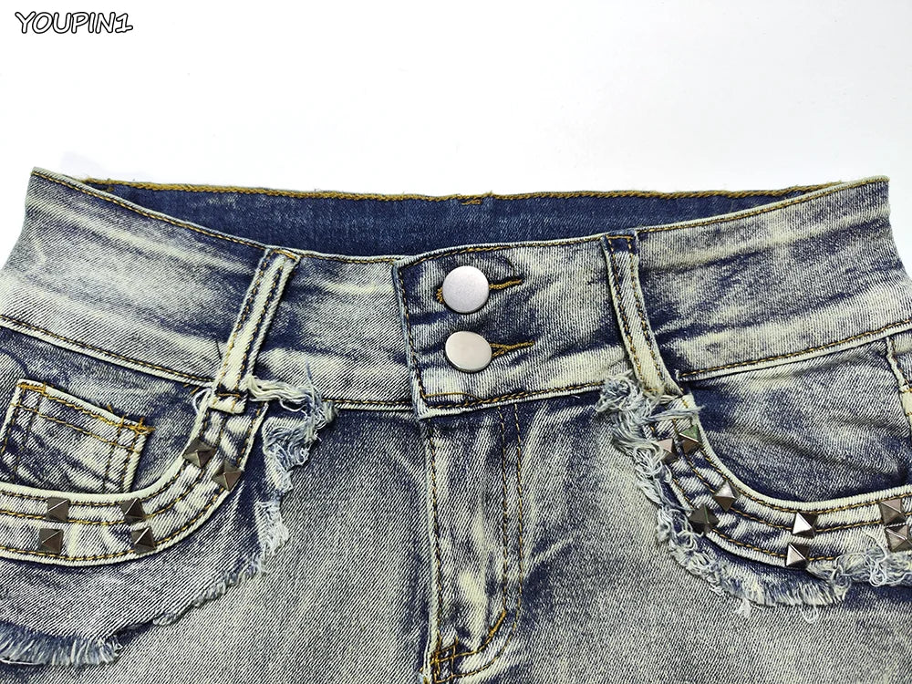 Sexy Low Rise Denim Shorts – Women’s Slim Skinny Rivet Vintage Blue Y2K Jeans for Summer