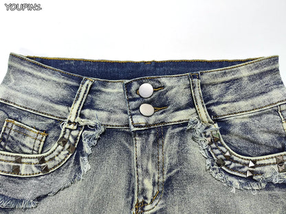 Sexy Low Rise Denim Shorts – Women’s Slim Skinny Rivet Vintage Blue Y2K Jeans for Summer