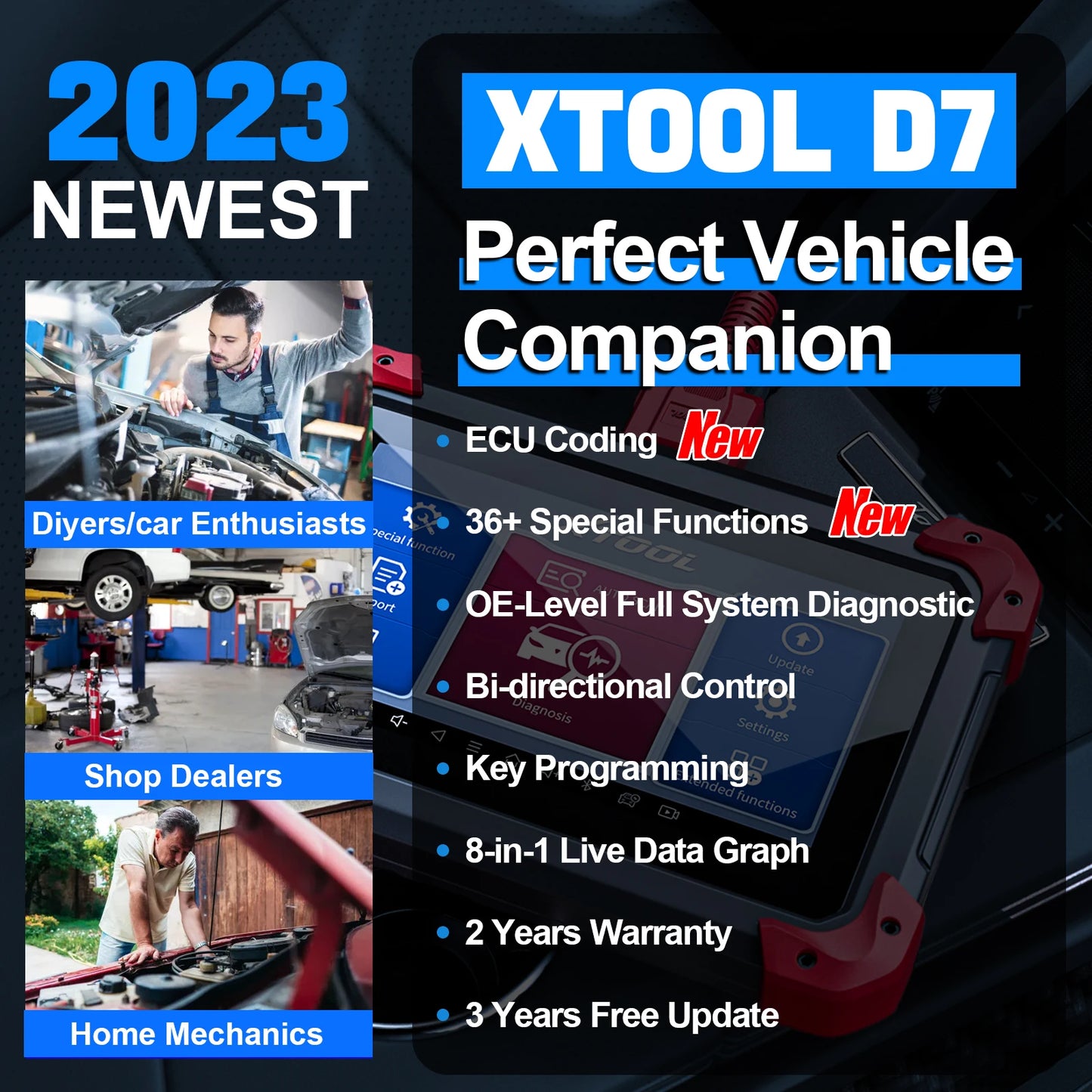 XTOOL D7 OBD2 Car Diagnostic Tool – Bi Directional Automotive Scanner with ECU Coding, 36+ Services & 3-Year Free Update
