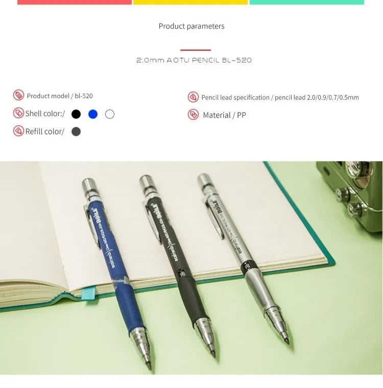 Mechanical Pencil Set 2.0mm – Automatic Pencil with 2B Black & Colored Lead Refills for Writing, Sketching, & Art Drawing