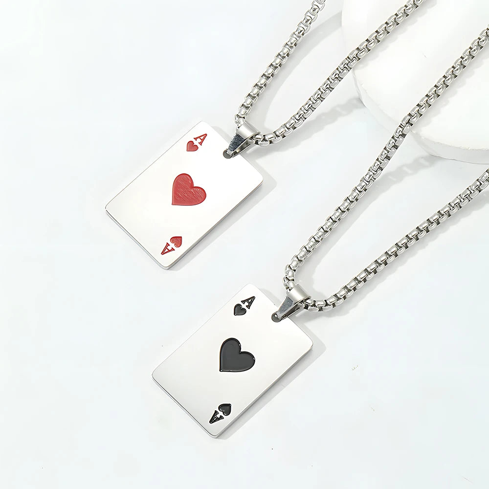 Hip Hop Poker Card Necklace – Stainless Steel Ace of Spades & Hearts Pendant Chain for Men