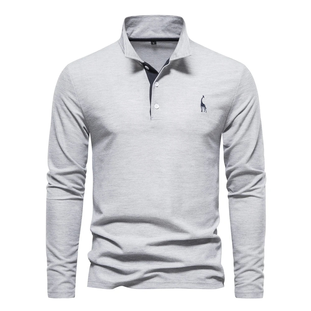 Men's Long Sleeve Embroidered Polo Shirt - Business Casual Solid Color Deer Design