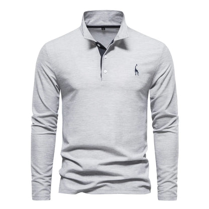Men's Long Sleeve Embroidered Polo Shirt - Business Casual Solid Color Deer Design
