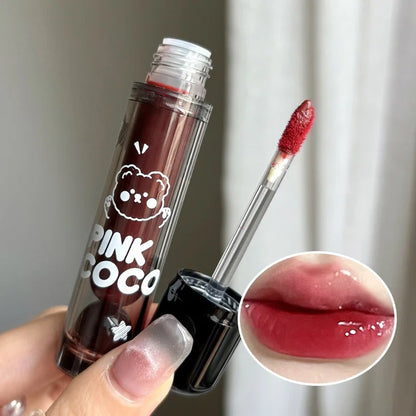 PINKCOCO Bear Doodle Mirror Lip Glaze – Long-Lasting Shiny Nude Lip Gloss, Skin-Brightening Student-Friendly Lipstick