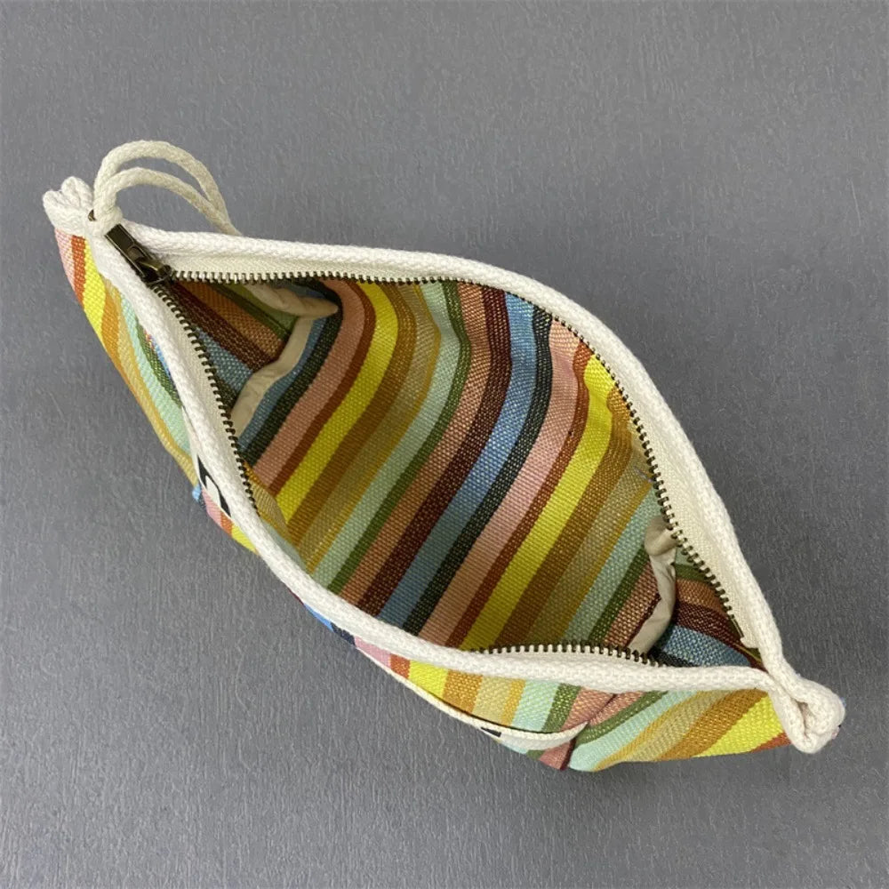 2024 Cotton Stripe Canvas Zip Pouch – Fashionable Handheld Cosmetic Cloth Bag