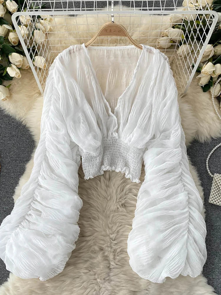 Women's Draped Chiffon Blouse - Elegant V-Neck Puff Sleeve Slim-Fit Party Top for Summer Fashion