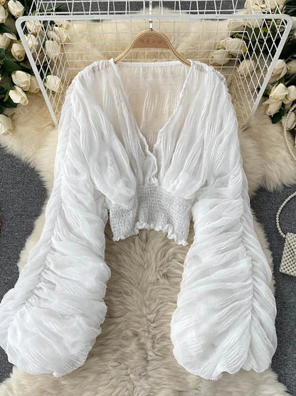 Women's Draped Chiffon Blouse - Elegant V-Neck Puff Sleeve Slim-Fit Party Top for Summer Fashion