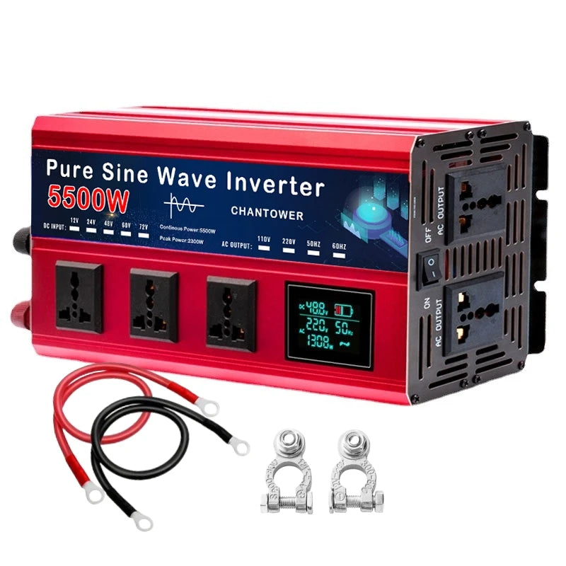 5500W Pure Sine Wave Inverter - DC 12v/24v/48v/60v/72v to AC 110v/220v Voltage Converter for Car & Solar Power