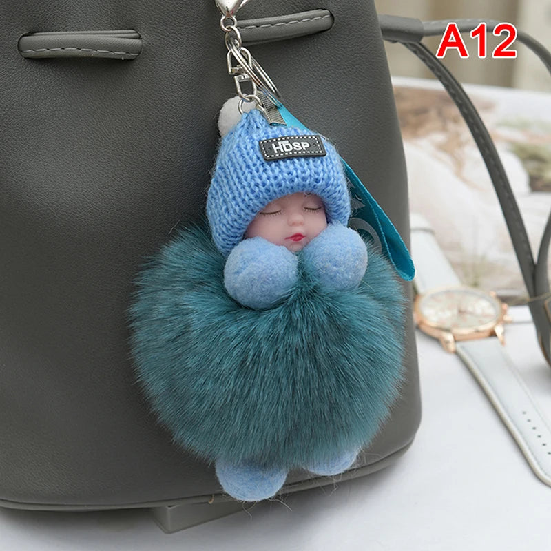 Cute Pompom Sleeping Baby Keychain - Fluffy Plush Doll Bag Charm, Key Ring & Gift for Women and Girls