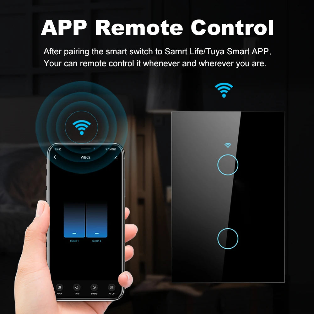 Tuya Smart WiFi Bluetooth Wall Touch Light Switch No Neutral Wire Required US 1-4 Gang Alexa Google Home Compatible Switch