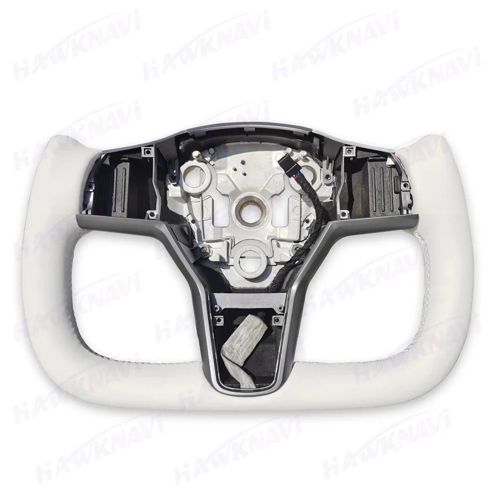 Hawknavi 350mm Yoke Steering Wheel – Leather Racing Style for Tesla Model 3 & Model Y, Heated Optional, White & Black