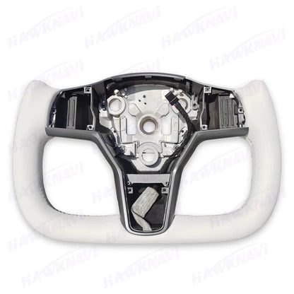 Hawknavi 350mm Yoke Steering Wheel – Leather Racing Style for Tesla Model 3 & Model Y, Heated Optional, White & Black