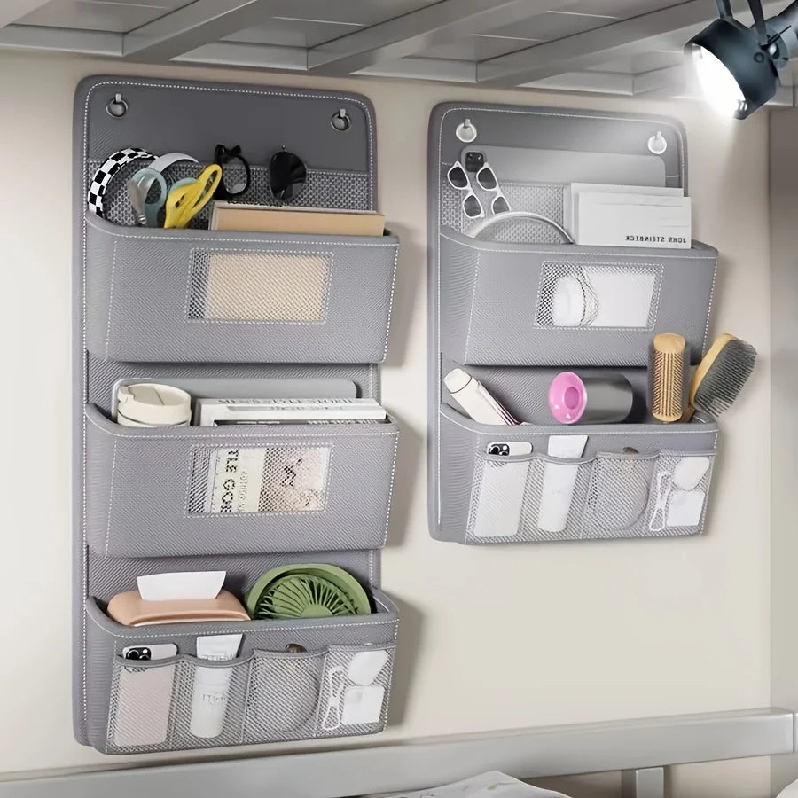 Gray Wall-Mounted Storage Organizer – Multi-Compartment Fabric Hanging Bag with Window & Hooks for Office or Closet