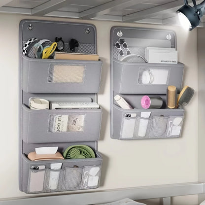 Gray Wall-Mounted Storage Organizer – Multi-Compartment Fabric Hanging Bag with Window & Hooks for Office or Closet