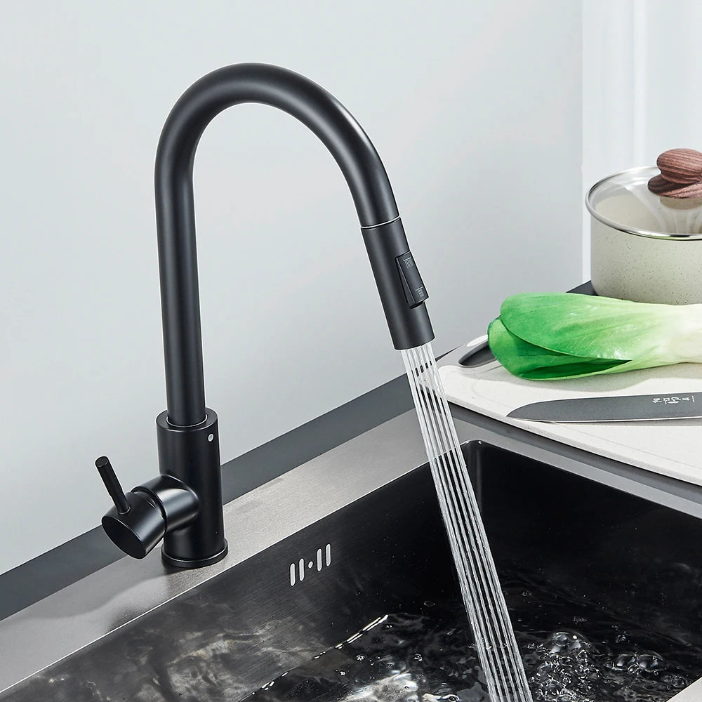 Black Kitchen Faucet - Two-Function Single Handle Pull-Out Mixer Tap with Hot & Cold Water, Deck Mounted