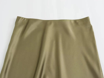 TRAFZA 2024 Y2K Women’s Long Skirt – Elastic High-Waist A-Line Satin Skirt for Spring Casual & High Street Fashion