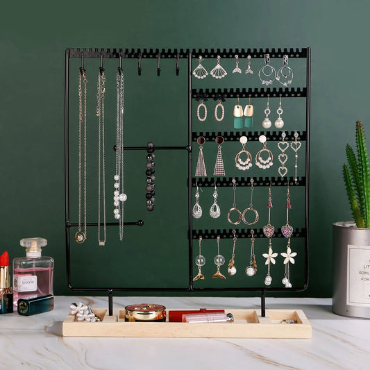 Multifunctional Jewelry Display Rack - Detachable Wooden Base Organizer for Earrings, Rings & Necklaces