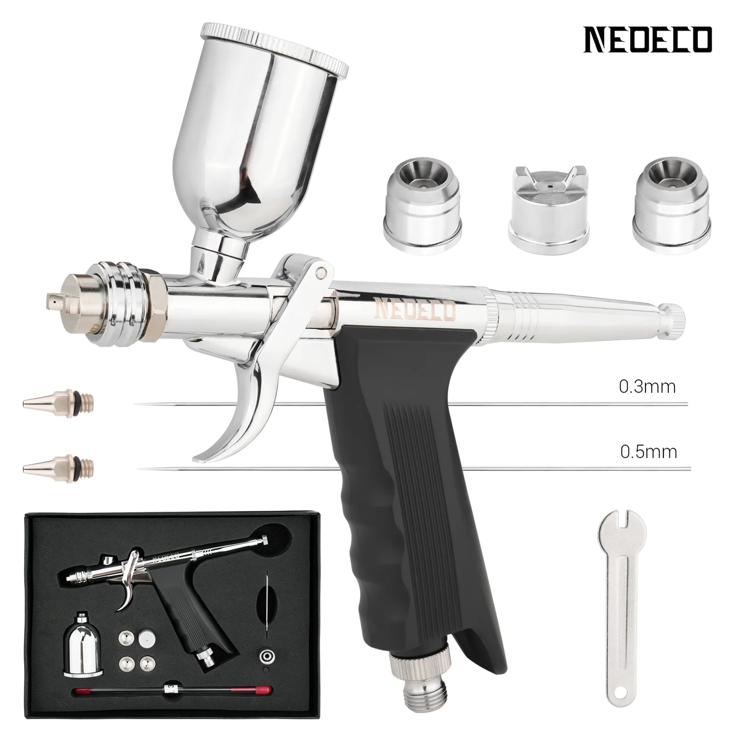 Gravity-Feed Dual-Action Airbrush — Pistol Grip Trigger Fan Spray Gun with 0.3mm/0.5mm Nozzles & 15CC Fluid Cups for Car Models & DIY