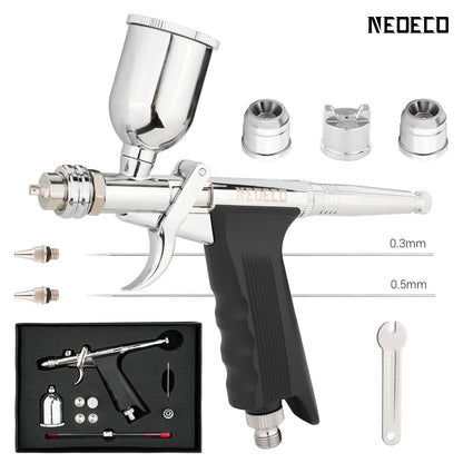 Gravity-Feed Dual-Action Airbrush — Pistol Grip Trigger Fan Spray Gun with 0.3mm/0.5mm Nozzles & 15CC Fluid Cups for Car Models & DIY