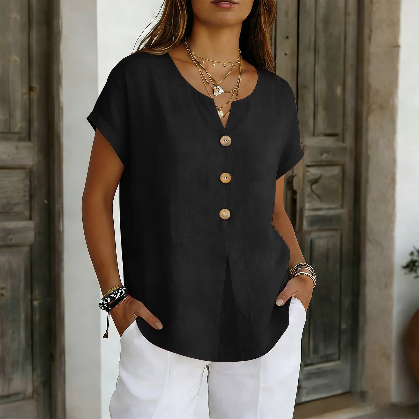 Women’s 2026 Summer Cotton Linen V-Neck Blouse – Solid Color Short Sleeve Loose Button Casual Plus Size Shirt