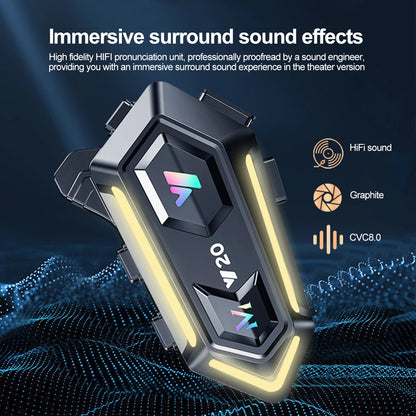 Y20 Motorcycle Helmet Bluetooth Headset – BT5.3 Wireless Hands-Free Call, Noise-Reduction, Waterproof with RGB Light
