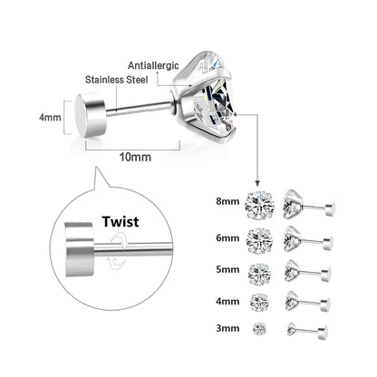 LUXUSTEEL Stainless Steel Crystal Stud Earrings –  4-Prong Cubic Zirconia Round Tragus Earrings for Women & Men