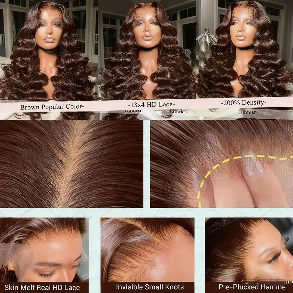 Chocolate Brown Deep Wave Lace Frontal Wig - 13x4 Transparent Lace 34 Inch Human Hair Curly Wig 250% Density