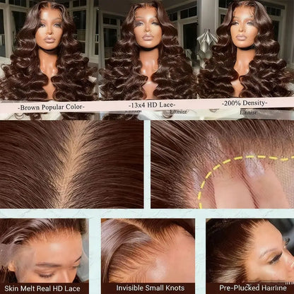 Chocolate Brown Deep Wave Lace Frontal Wig - 13x4 Transparent Lace 34 Inch Human Hair Curly Wig 250% Density