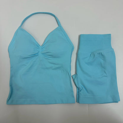 2-Piece Women’s Yoga Set – Seamless Longline Strappy Tank Top & Scrunch Sports Shorts, Summer Workout Gym Outfit