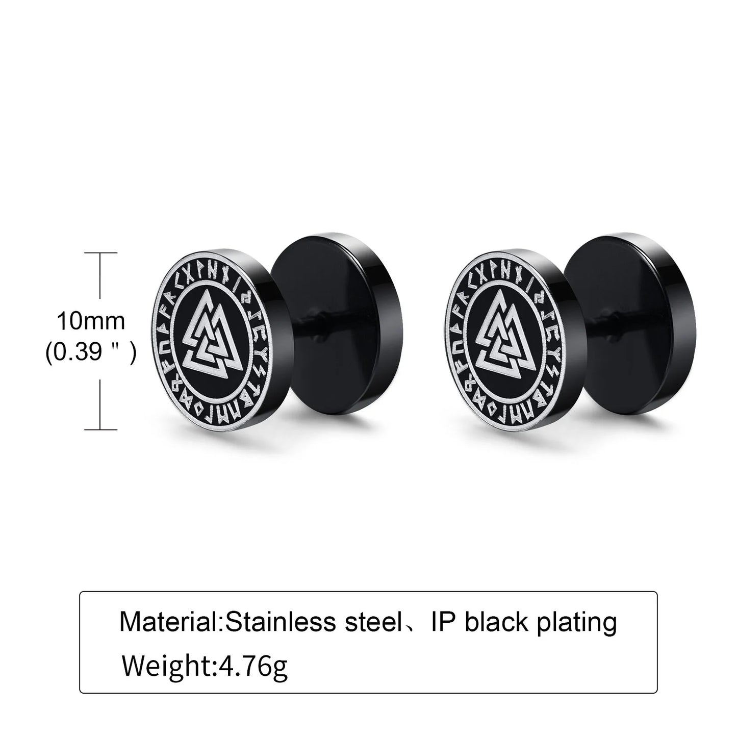 Vnox Men's Viking Black Stud Earrings - Vegvisir & Norse Valknut, Cool Punk Stainless Steel Set