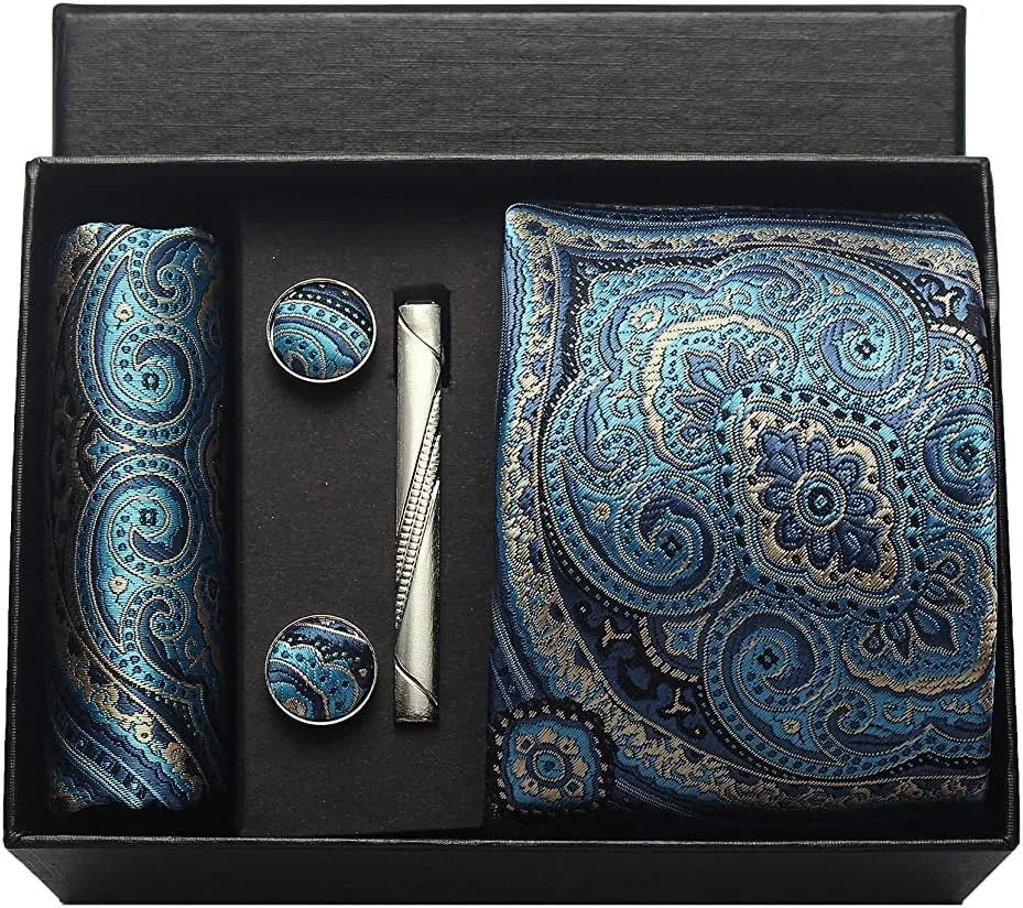 100% Silk Men’s Necktie Set with Paisley Floral Design, Business Tie with Pocket Square, Tie Clip & Cufflinks Gift Box Set for Men