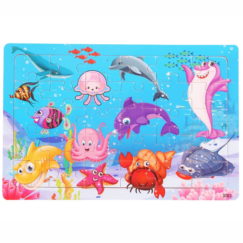 30PCS Wooden Jigsaw Puzzle – Cartoon Animal & Vehicle Educational Toys for Kids
