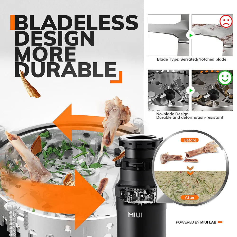 MIUI Continuous Feed Garbage Disposal | 1/2 HP Food Waste Disposer with Stainless Steel Grinding System | Sound Reduction