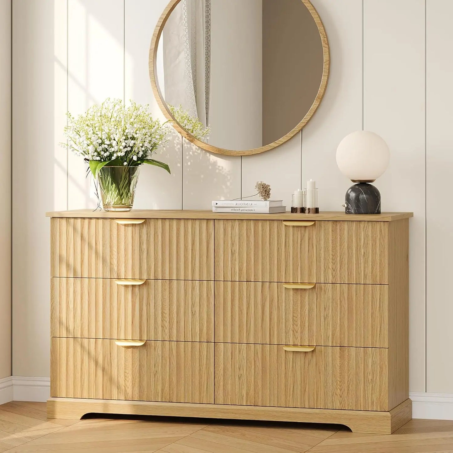 53" 6-Drawer Fluted Wood Dresser – Natural Oak Chest with Metal Handles for Bedroom, Living Room & Entryway Storage (Customizable)
